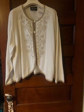 Bob Mackie Cream Cardigan with Gold Trim and Embroidery